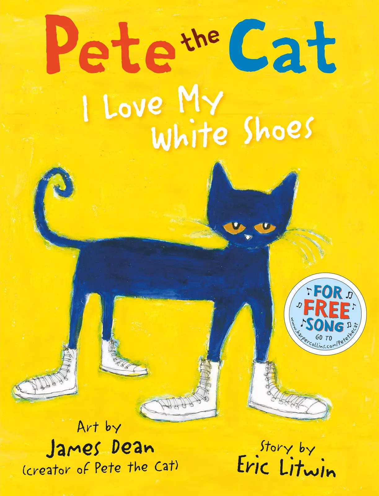 Capa do livro 'Pete the Cat: I Love My White Shoes', fundo amarelo com o desenho de um gato azul usando tênis brancos. Acima dele, o título do livro e abaixo os autores.