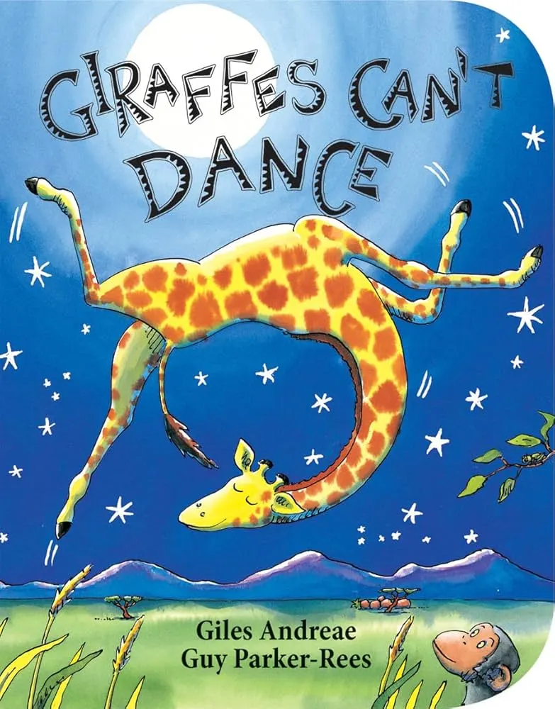 Capa do livro 'Giraffes Can’t Dance', o fundo do livro é azul simbolizando a noite com estrelas espalhadas e a lua, uma girafa dando pirueta no meio, o nome dos autores embaixo dela e um macaco ao lado.