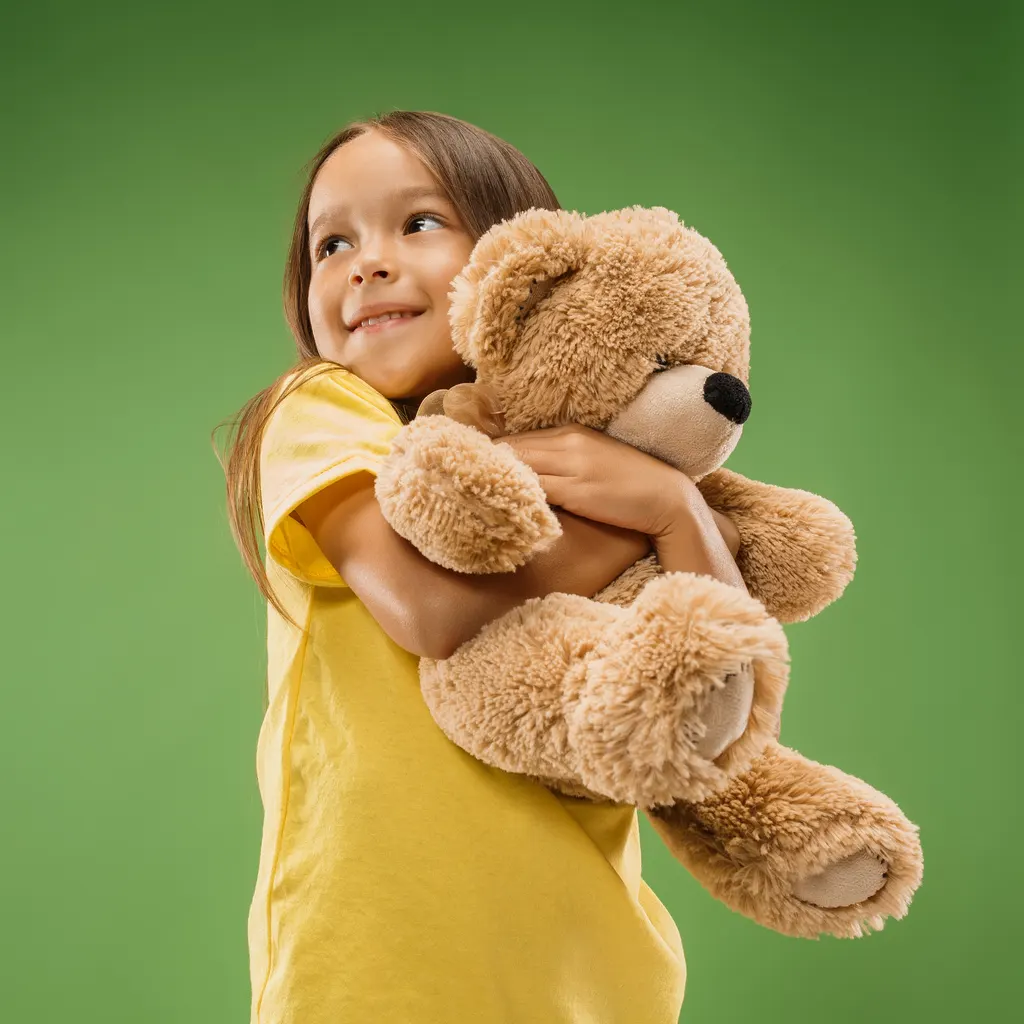 Uma menina com cabelo escuro e camiseta amarela abraça um ursinho de pelúcia marrom, olhando para cima e sorrindo.